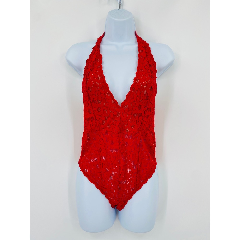 Free People Bodysuit Womens Small Red Lace Halter V-Neck Open Back